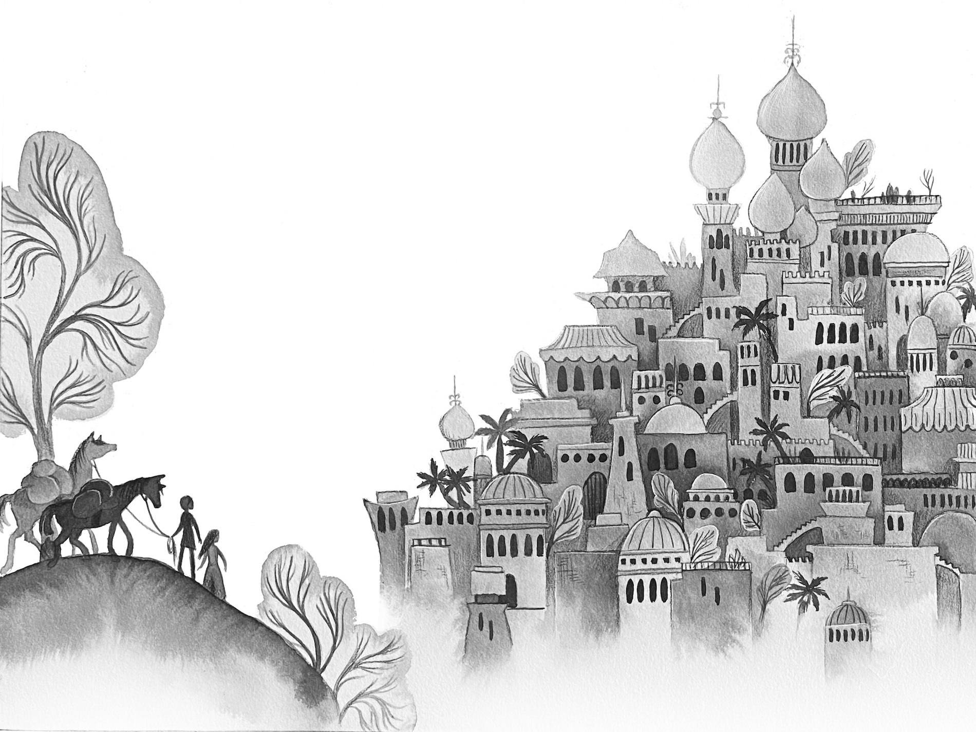 Black and white interior illustration for The Horse and His Boy from the Chronicle of Narnia series by C. S. Lewis. The image shows a hill in the foreground on the left with the silhouettes of 2 horses with bundles on their backs, being led by 2 children. On the right side of the image is a city on a hill, with a skyline with domed towers like a city in the Middle East. The bottom of the whole image is obscured by white mist.