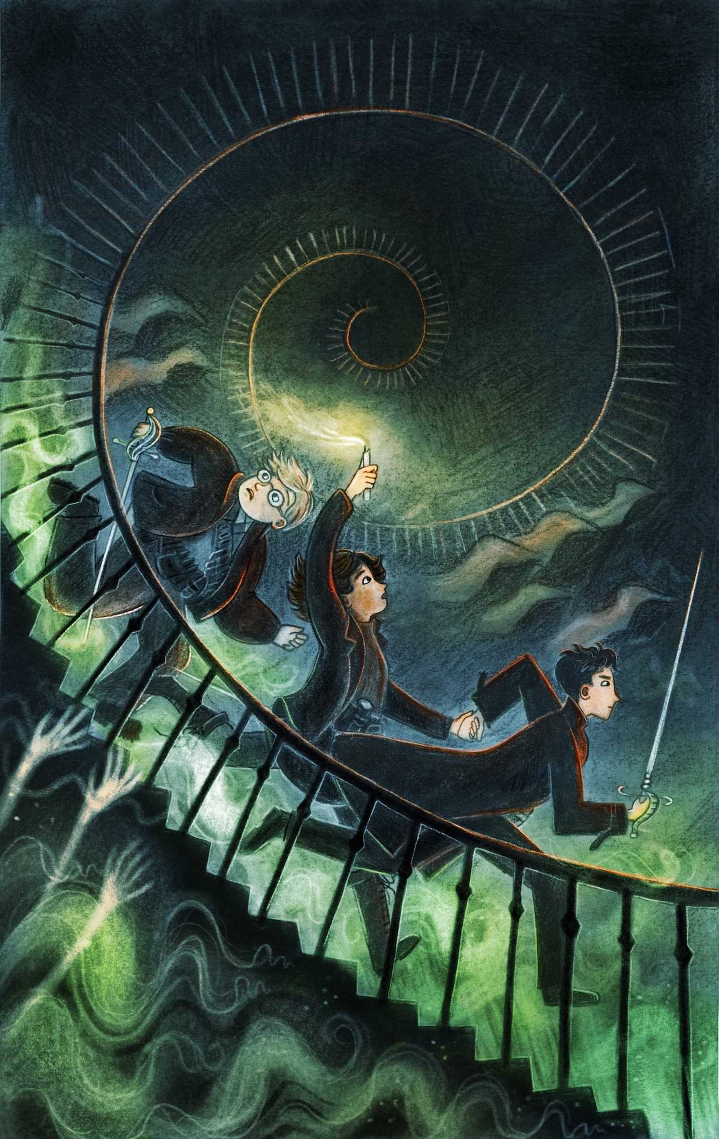 Book Cover Mockup for Lockwood and Co by Jonathan Stroud showing Lockwood, Lucy, and George running down a spiral staircase through the ghost fog. Ghostly hands reach toward them from below, and hooded ghost shapes glide above them.