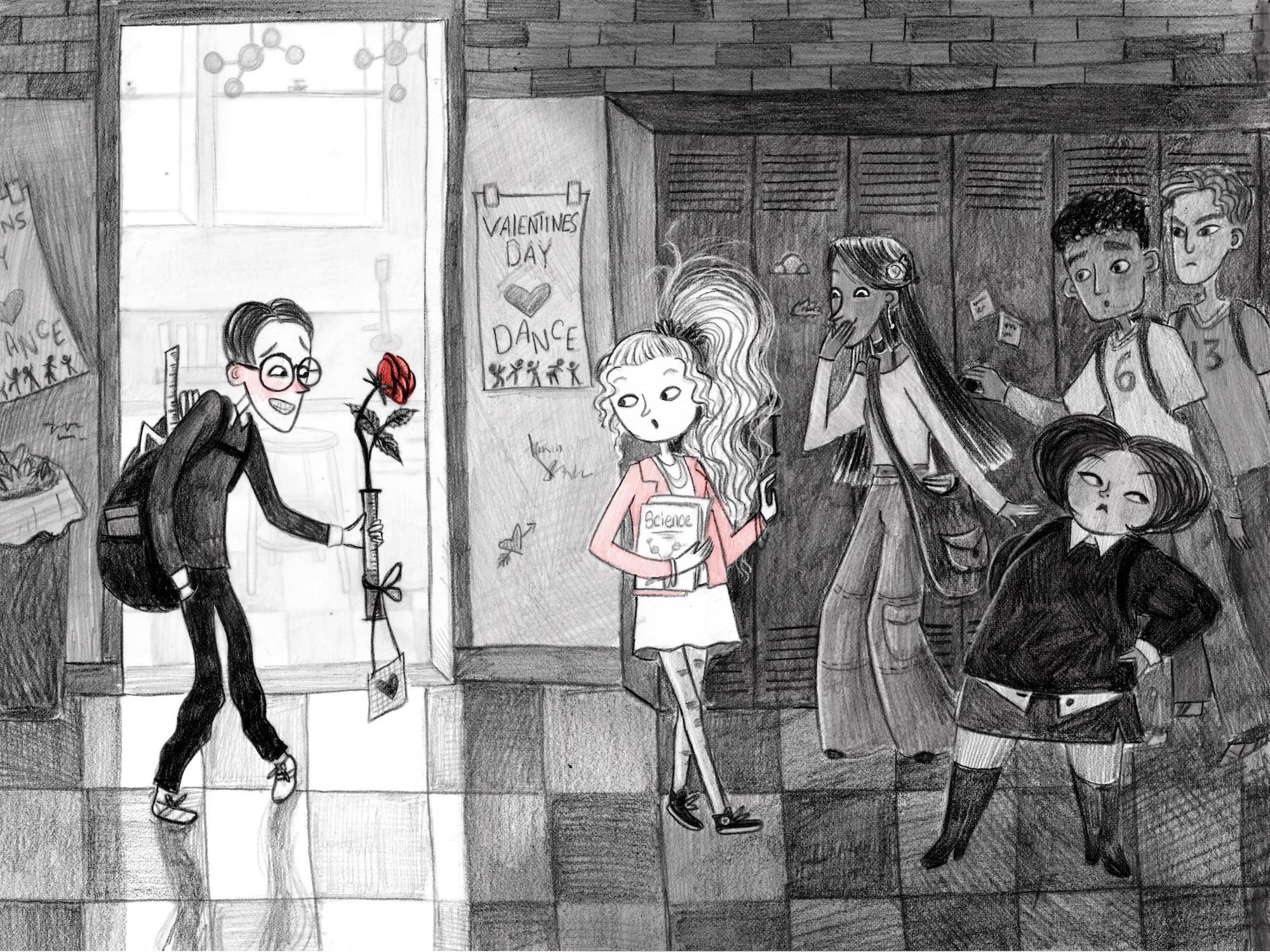 Black and white children's novel illustration showing a school hallway with lockers and a classroom in the background. A nerdy boy, silhouetted in the open classroom doorway, is offering a flower to a popular looking girl in front of him. Her friends look on, giggling behind their hand or rolling their eyes.