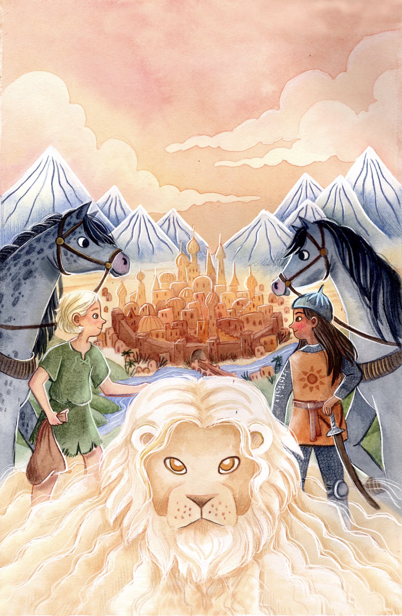 Cover design for The Horse and His Boy from the Chronicles of Narnia series. There are mountains and a pale orange sky in the background, the city of Tashban in the mid ground with a river in front of it. On either side of the design is a horse, with a boy standing next to one, and a girl in armor standing next to the other, facing each other. A lion's head is pictured in the bottom of the image.