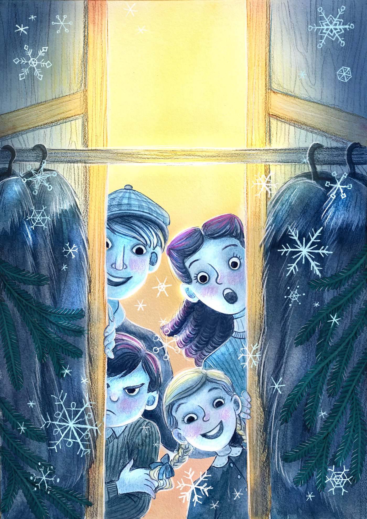 Book cover image for The Lion The Witch and the Wardrobe showing Peter, Susan, Edmond, and Lucy peeking in through the open wardrobe doors. Snowflakes and dark fur tree branches are visible in the foreground.