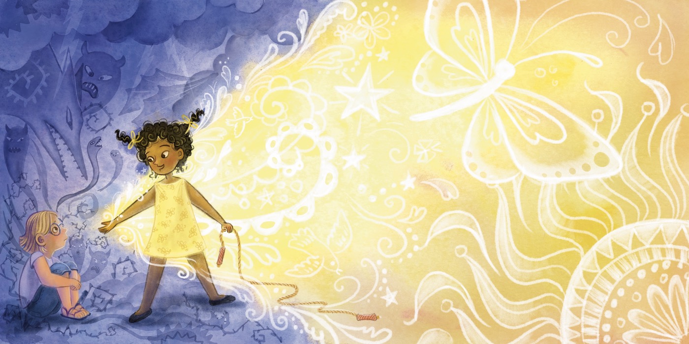 Watercolor, colored pencil, and digital illustration showing a little blond girl sitting in the blue shadows in the left hand corner. Whimsical scary shadows of monsters, clouds, and vines surround her. Another little girl with dark curly hair is holding out her hand to her like she is inviting her to come and play. In her other hand she holds a jump rope. A wedge of bright yellow is cutting into the blue shadows, starting from the dark haired girl's hand. Whimsical flowers, swirls, hearts, butterflies, and a sun are colored in white over the yellow.