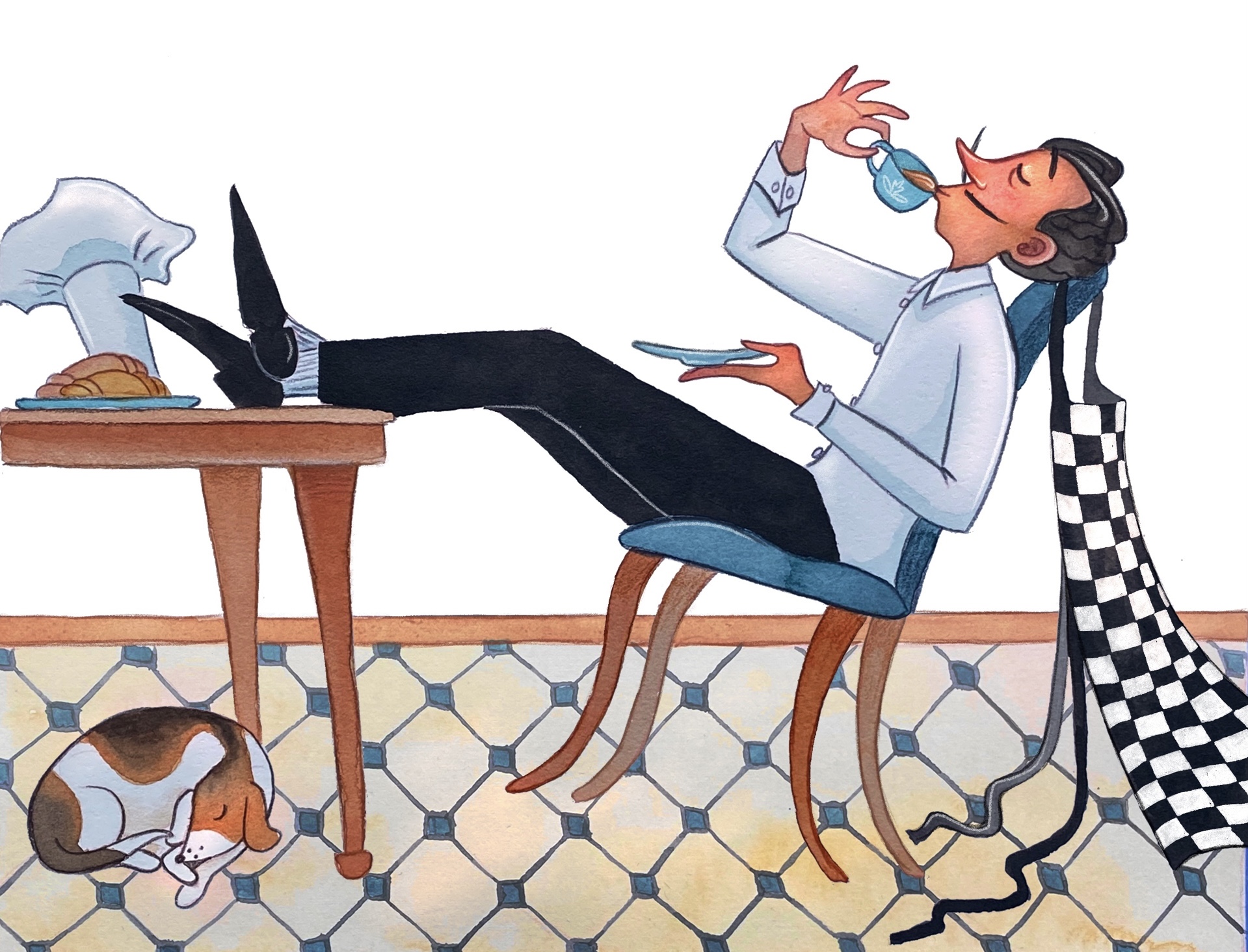 Whimsical watercolor and colored pencil illustration of a chef relaxing after a long day, leaning back in his chair with his feet on the table, drinking a cup of tea, with his apron draped over the back of the chair. A small spotted dog sleeps under the table.