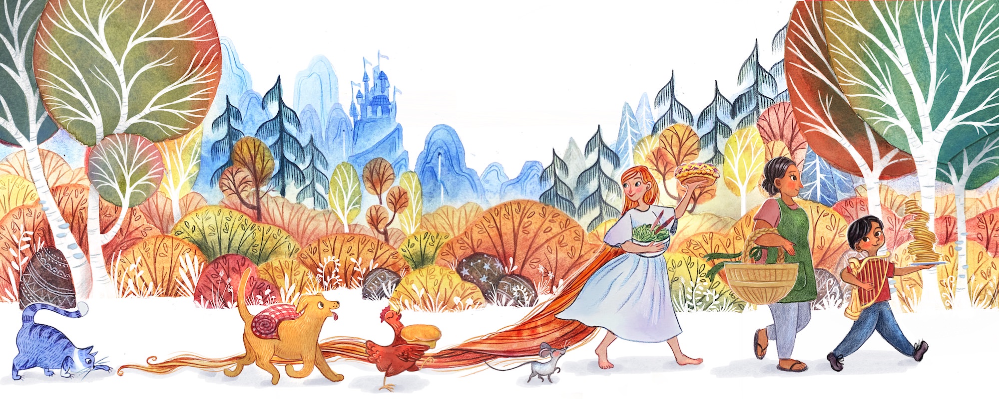 Whimsical watercolor and colored pencil children's book illustration of a parade of fairy tale characters of their way to a picnic, all carrying food. In the front is Jack from Jack and the Beanstalk with his mom following behind him. Rapunzel follows them, and she is followed by The Little Red Hen, the mouse, the dog, and that cat, who is last in line and chasing the end of Rapunzel's hair. In the background are trees and bushes with fall colors, and a distant range of mountains with a castle.