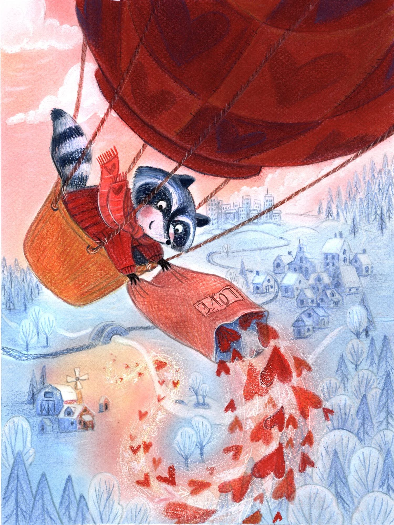 Children’s book illustration showing a raccoon in a hot air balloon pouring a bag of hearts out onto the land below. The hot air balloon is red and has a pattern of hearts on it. The earth below the raccoon and balloon is blue, and trees, a farm, a village, and a city can be seen, all in shades of blue. The hearts from the raccoon’s bag are red and orange and are swirling down onto the earth below, brightening the land where they touch to shades of yellow and orange.