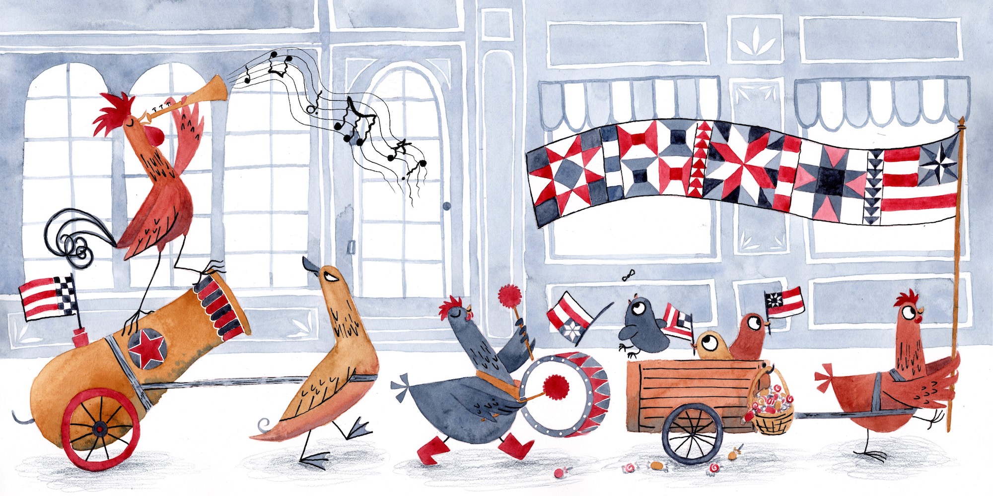 Watercolor children's book illustration showing a parade of chickens marching past a row of shop silhouettes. The chickens are playing instruments and carrying flags made from quilt squares.