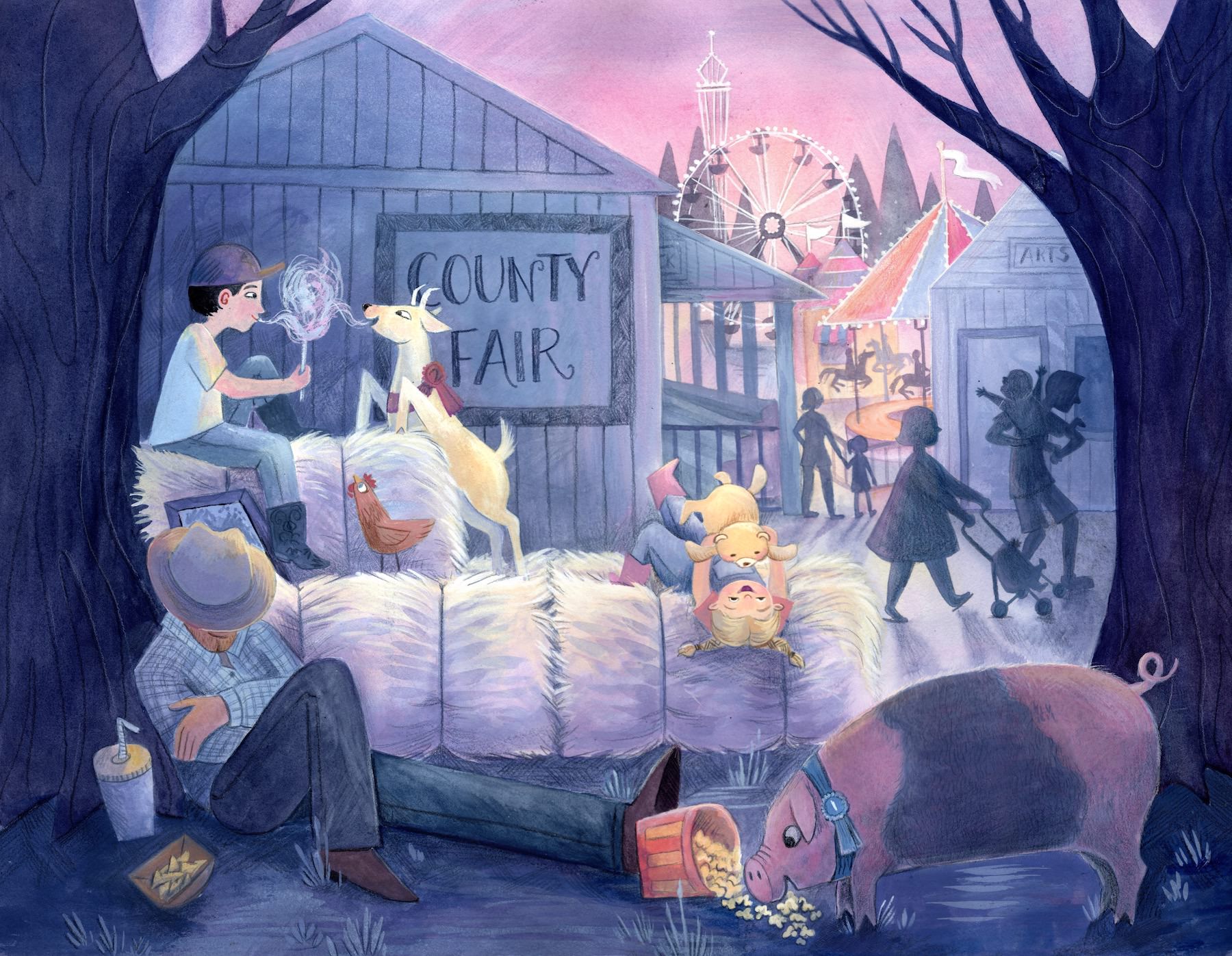 Children's book illustration showing and evening scene at a country fair. In the background are carnival rides and silhouettes of people. In the foreground are hay bales, with a boy sitting one top of one, sharing his cotton candy with a prize winning goat. A little girl is laying on her back on the straw bales, playing with a teddy bear. And their dad slumps against the base of the straw, his hat pulled low over his eyes while he dozes. His foot has knocked over his popcorn, and a prize-winning pig is helping itself to the spilled pop corn.