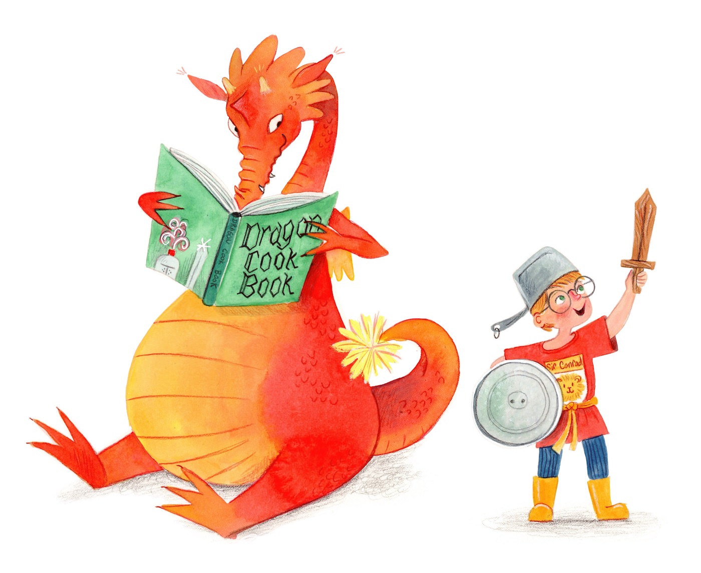 Children's book characters: a fat orange dragon reading a cook book, and a little boy dressed up like a knight.