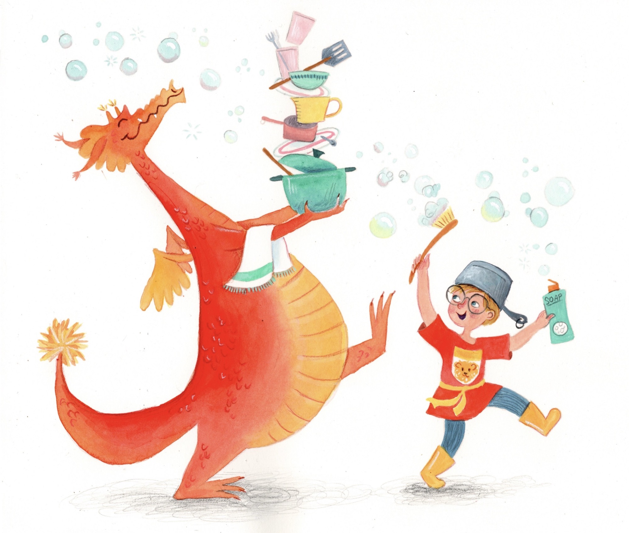 Children's book illustration showing a fat orange dragon carrying a teetering stack of dishes, walking behind a boy dressed up as a knight, and carrying a bottle of dish soap and a scrub brush. Soap bubbles float over both of their heads.