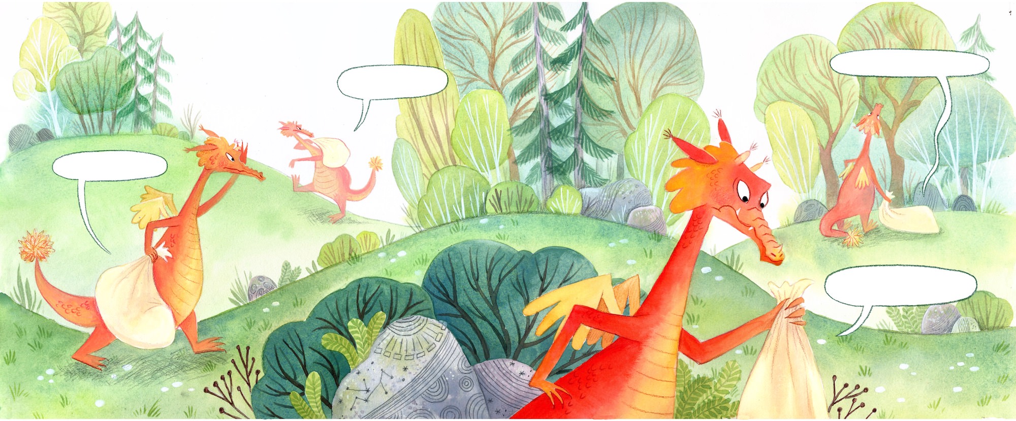 Full page spread Children's book illustration showing grass hills with trees and bushes growing from them in clumps. An orange dragon, carrying a bag is pictured 4 times in the image, at various distances. In the foreground, the last pose of the dragon shows him looking at the bag in a disgruntled manner. There are speech bubbles coming from the bag in all four of the dragon's poses, as if someone is in that bag.