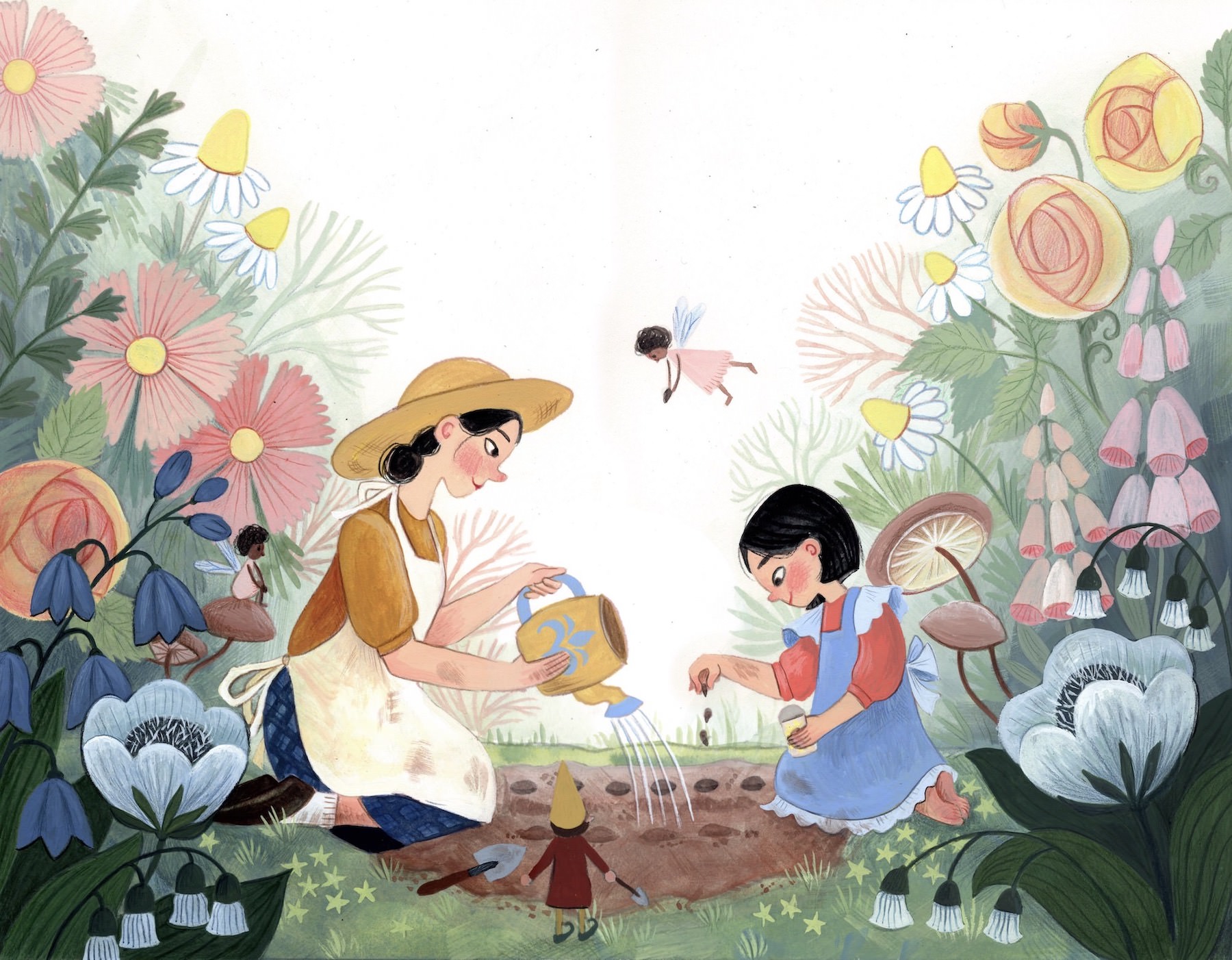 Whimsical children's book illustration showing a mother and daughter planting seeds in the ground, surrounded by giant flowers. 2 fairies watch them, and a gnome with a trowel in his hand watches too.