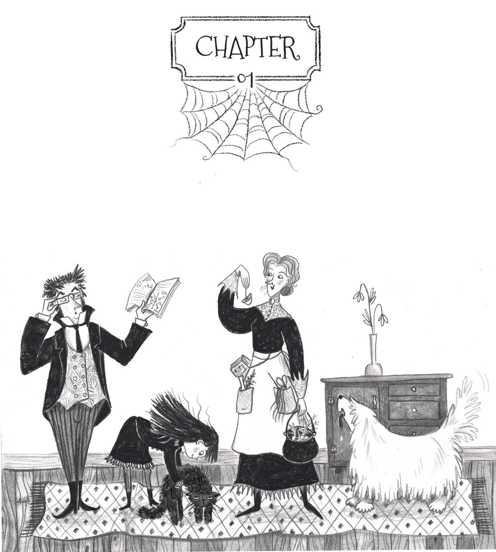 Middle Grade chapter book spot illustration showing an old fashioned family with a dad, mom, little girl picking up a cat, and a furry white dog. The whole family looks a little eccentric, the dad with glasses and a high collar and suit coat, the little girl wearing a black dress with lace around the hem and collar, the mom with an apron, cauldron, and holding a mushroom.