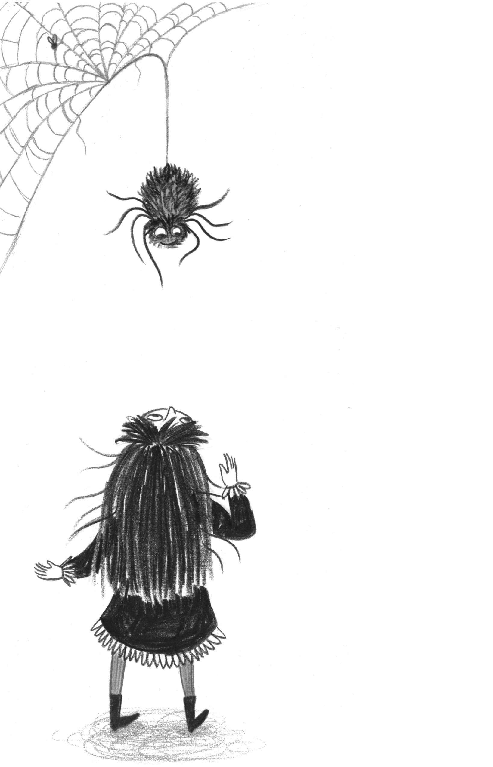 Middle Grade chapter book spot illustration showing a little girl in a black dress looking up at a large, friendly looking spider dropping down from a web above her.
