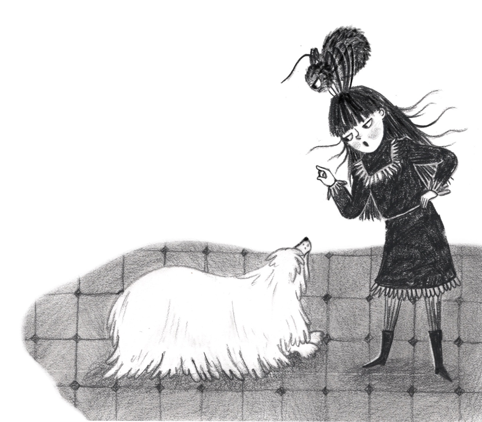 Middle grade chapter book spot illustration showing a little girl in a black dress with long, wild black hair, scolding a Komondor dog. A large, friendly looking spider is on the girl's head, waving one of its legs angrily at the dog.