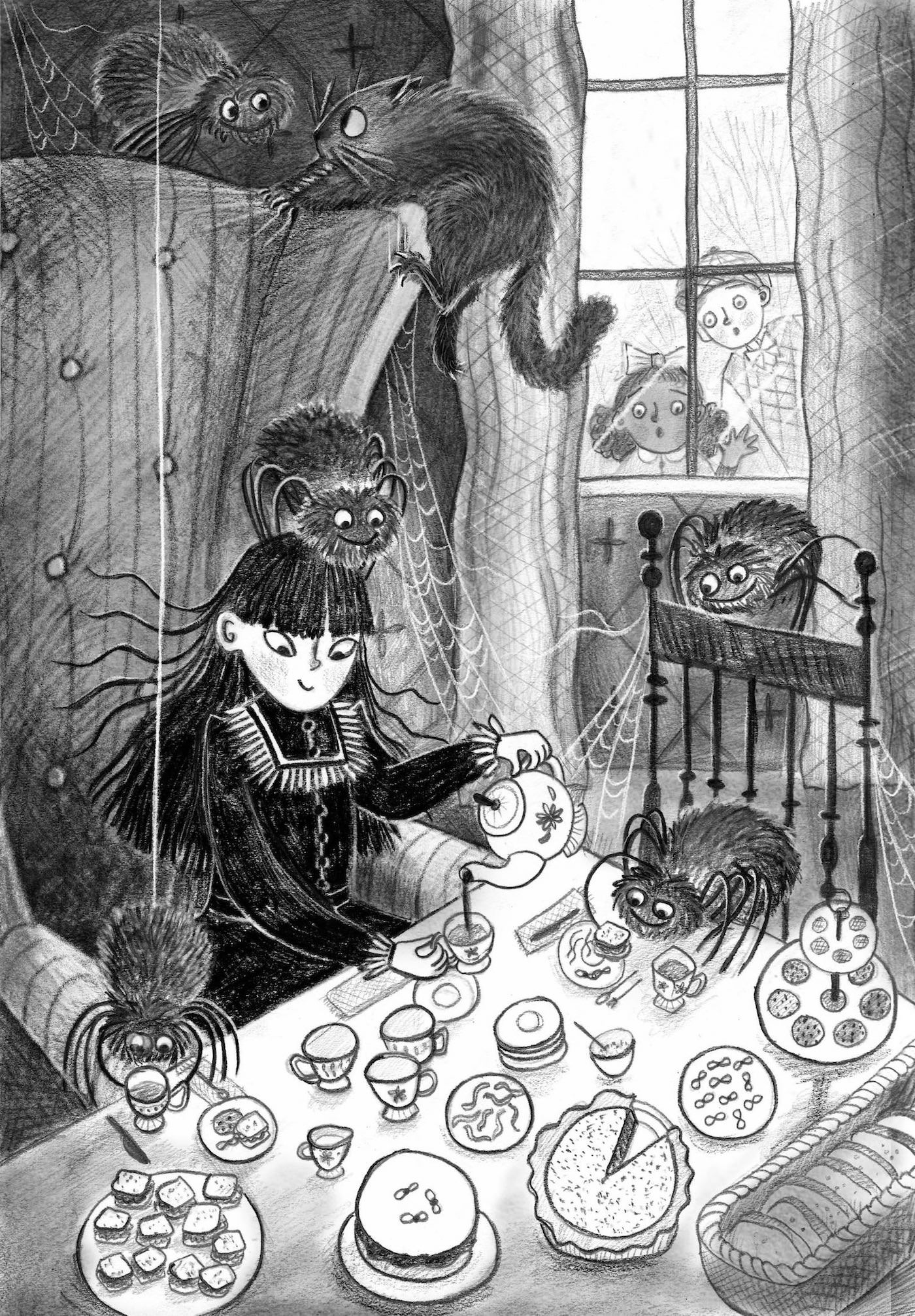 Black and White children's chapter book illustration showing a dark haired girl having a tea party with giant fuzzy spiders. A cat is on the back of the girl's chair, looking afraid of the spiders. Two children peek through a window in the background, looking surprised.