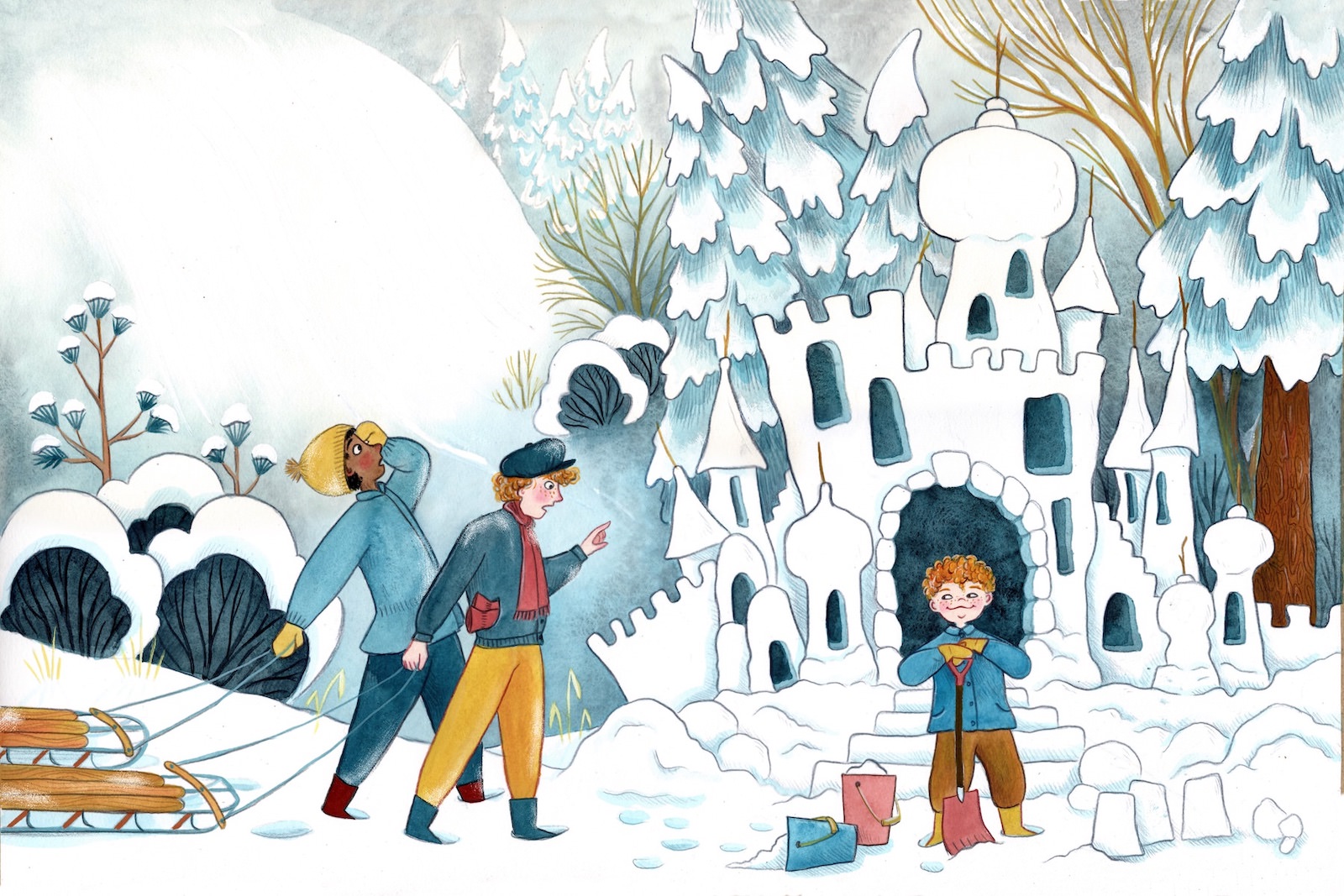 Children's book illustration of a scene in the snow. On the right hand side of the image a young boy with red hair stands in front of an impressive snow castle he has built. His older brother and a friend stand on the left side of the page, looking amazed at the castle. In the background are snow covered bushes and trees.