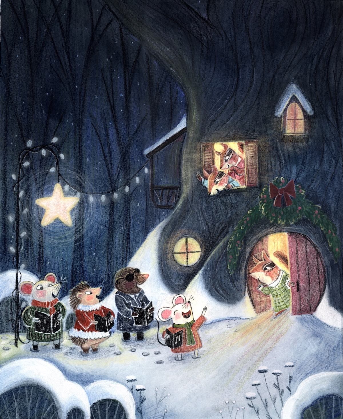 Cozy Children’s Book style illustration by Kirsten McGonigal showing 2 mice, a hedgehog, and a mole Christmas caroling at night in a winter, snow covered forest. They are caroling at the home of 3 chipmunks. The chipmunks live in a big tree with a door and glowing windows in the trunk. A mother chipmunk stands in the doorway with light spilling out through the open door. 2 little chipmunks, a boy and a girl, peep out through an upstairs window. The little boy chipmunk is waving excitedly to the carolers below, and the little girl chipmunk is clasping her paws in delight. The ground and bushes are covered with snow. Once of the mouse carolers is standing a bit in front of the others, mouth wide open in song with his hand gesturing dramatically.