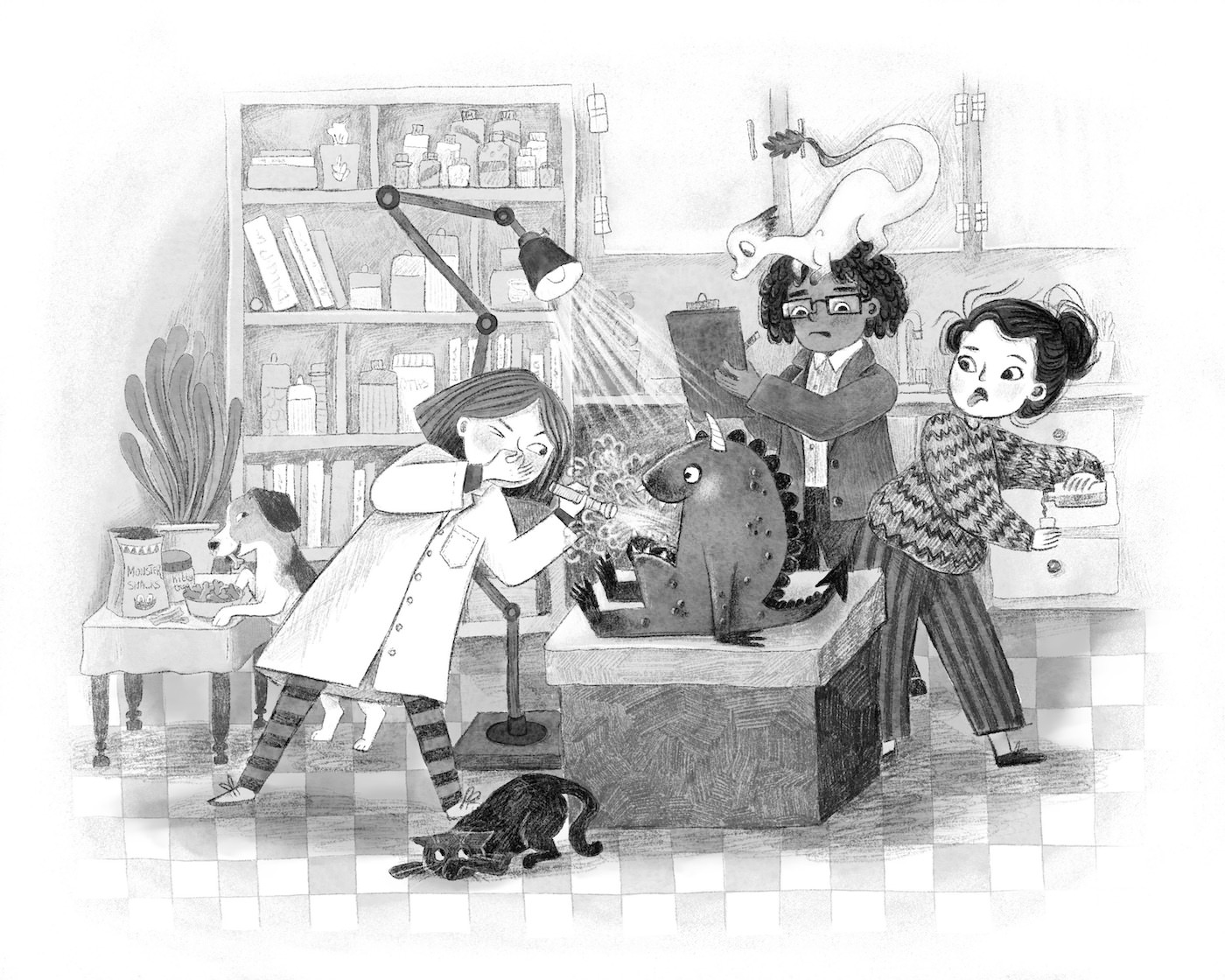 Middle Grade book illustration by Kirsten McGonigal showing three kids working in a vet office. A monster has showed up to be treated, because this is a magical vet. The monster has very bad breath, and the little girl peering down his throat is holding her nose. Her friends who are helping her also look disgusted by the smell of the monster's breath.