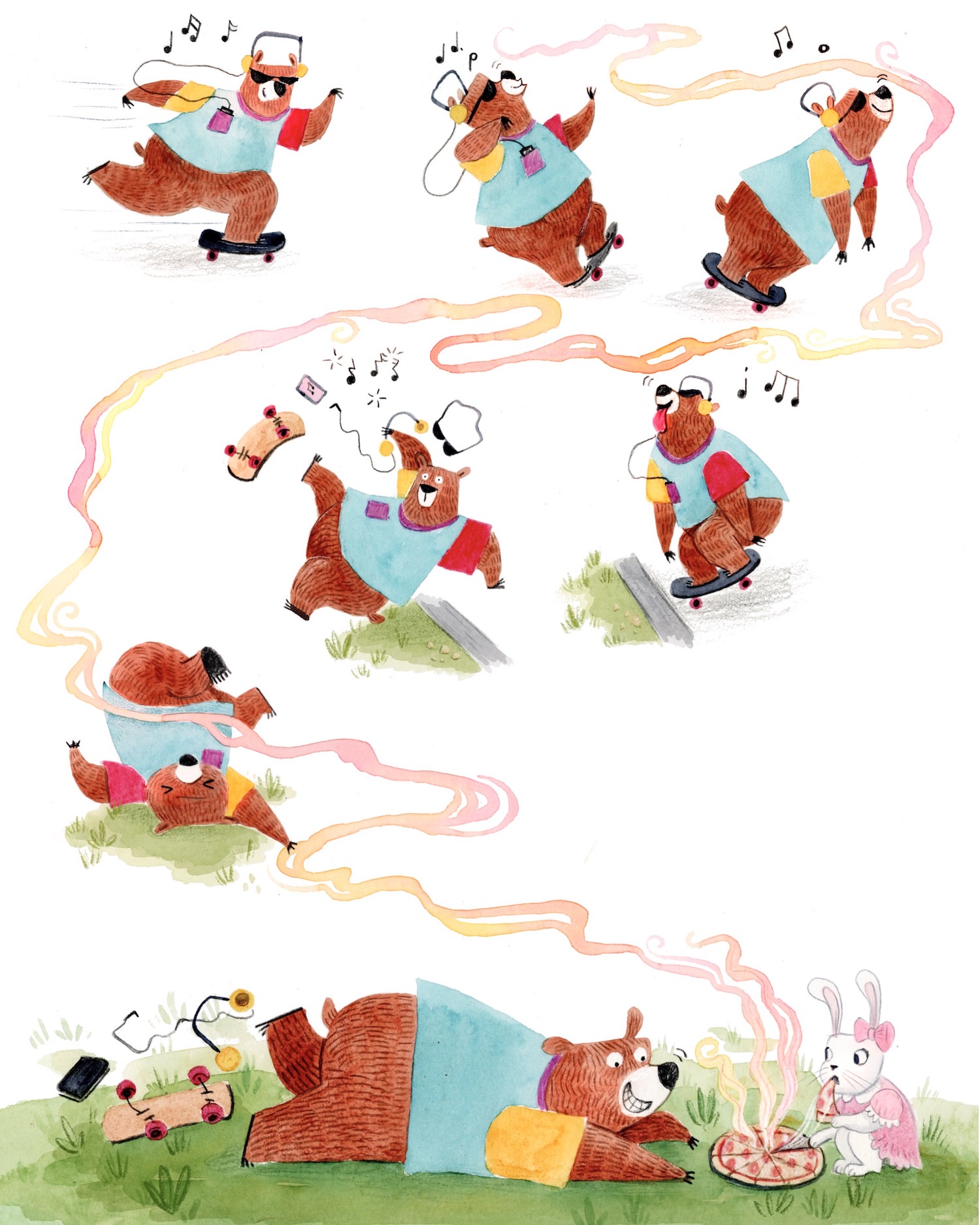 Children's Book Illustration by Kirsten McGonigal showing a cool bear on a skateboard. The bear is wearing a color block t shirt that is blue with one yellow sleeve, one red sleeve, and a purple pocket on the front. There is a sequence of 7 small spot illustrations, showing the bear first skateboarding, then stopping as he smells something delicious, then following the smell. He then trips off his skateboard because he isn't watching where he's going, falls, rolls, and finally lands at the bottom of the page in front of a pizza and a little girl rabbit who is eating it. In the last spot illustration the bear looks excited to see the pizza.