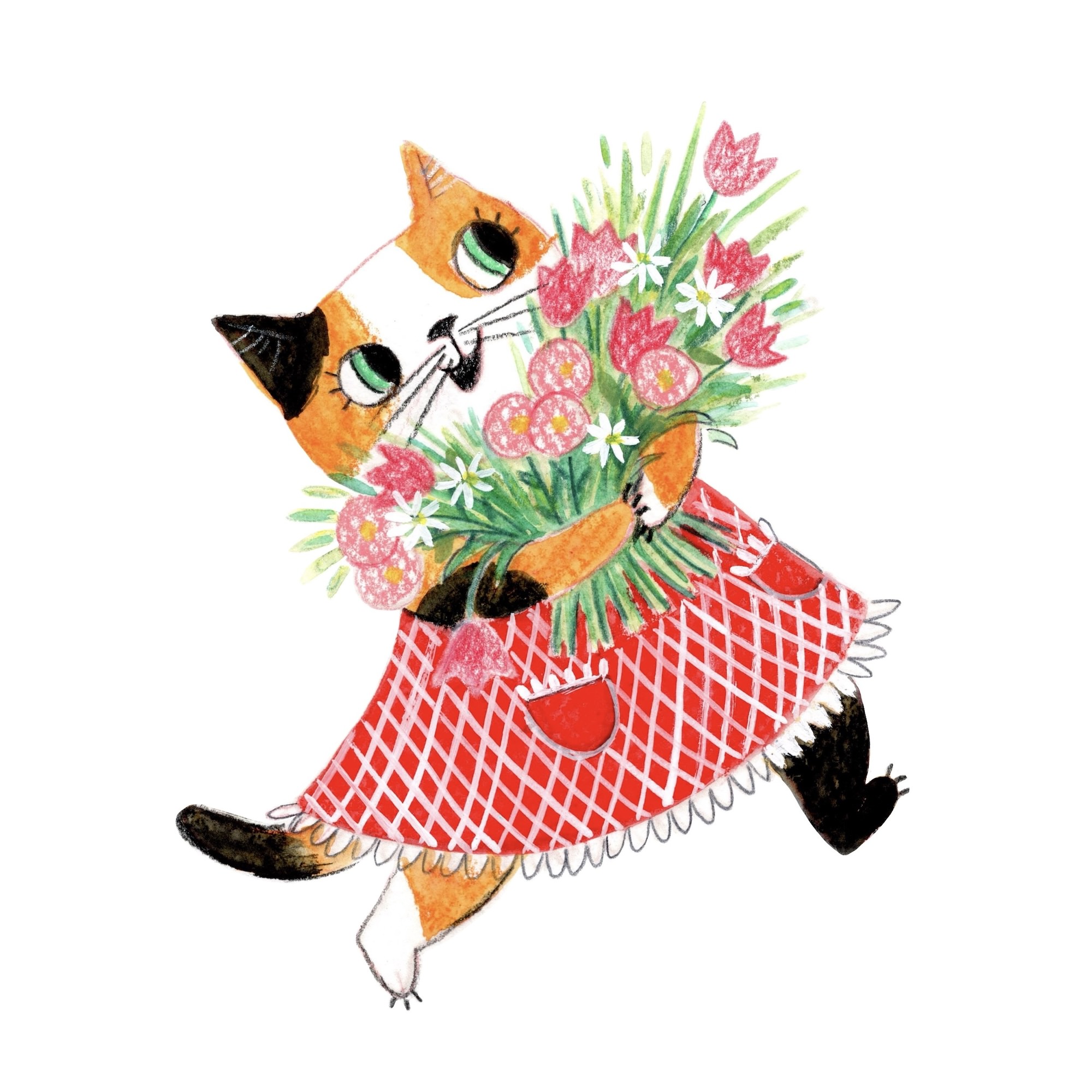 Children's book illustration showing a calico kitten wearing a red plaid dress and carrying a bouquet of flowers. She has a cheerful expression on her face.