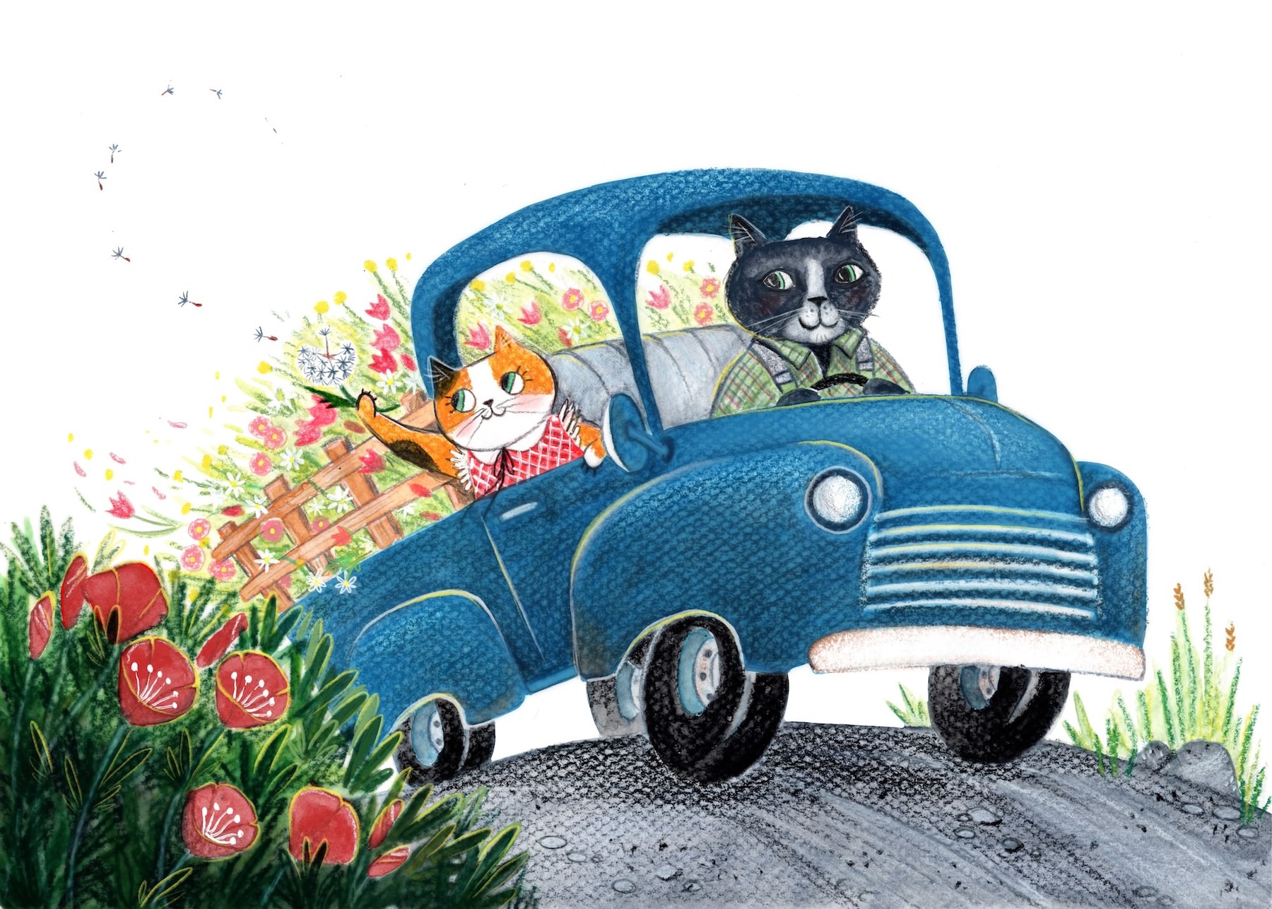 Children's Book Illustration showing a giraffe cabby driver learning out the window of his taxi, pointing at a pile of teetering suitcases that a frog bell hop is carrying. The bell hop looks stressed, carrying suitcases, with bags over one arm, and holding an umbrella over a snooty looking kitten. The kitten is wearing a green peacoat and holding a stuffed mouse in her arms. She has her nose up in the air.