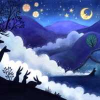 A night time children's book illustration showing sprawling farmland and a moon with a face. Deer and rabbits look on over the misty farm, and a magical figure glides across the fields below.