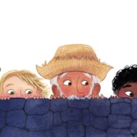 Children's picture book illustration showing a grandpa and two children peeking over a rock wall, looking scared and surprised.