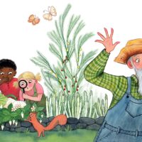 children's picture book illustration showing an assortment of white produce growing on plants. A boy and girl study them with a magnifying glass, looking surprised and shocked. An old farmer, his hand raised in alarm, makes a phone call from a funky old telephone attached to a tree trunk.