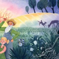 Children's picture book illustration showing an old farmer and two children, dancing together in a field. In the background is a sunset over farmland, with wildlife. On the far right, an old woman with a magical bag of seeds and a wide brimmed hat puts her finger to her lips in a gesture of secrecy.