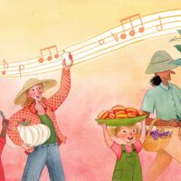 Picture book illustration showing a parade of farm people and children, all carrying vegetables in their arms and hands. A swallow swoops overhead, with music notes coming from it's beak.
