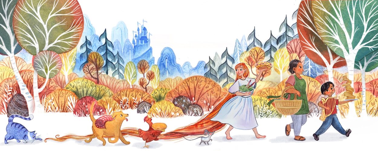 Whimsical watercolor and colored pencil children's book illustration of a parade of fairy tale characters of their way to a picnic, all carrying food. In the front is Jack from Jack and the Beanstalk with his mom following behind him. Rapunzel follows them, and she is followed by The Little Red Hen, the mouse, the dog, and that cat, who is last in line and chasing the end of Rapunzel's hair. In the background are trees and bushes with fall colors, and a distant range of mountains with a castle.