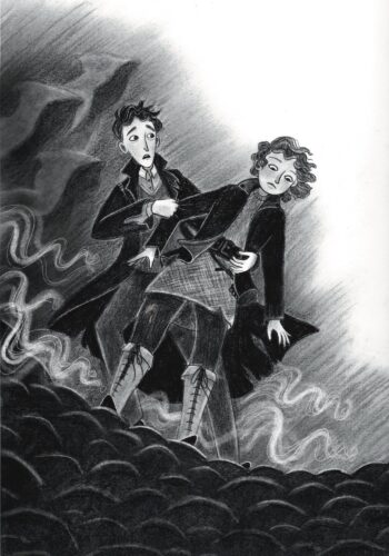 Black and White image of Lockwood pulling Lucy back from the edge of a wide stone well with ghostly figures rising up behind them.