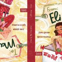 Wrap around cover for a children's picture book "From: Eliza, To: Macie," showing a girl on one side putting a doll into a Toys for Tots donation box, and a girl on the other side holding the same doll in her arms. Both girls look happy and peaceful.