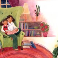 children's book illustration showing A cozy scene in a living room, decorated for Christmas, with a young girl and her mom sitting in a big arm chair looking at family photo albums.