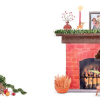 children's book illustration of a young girl hanging her christmas stocking on a brick mantle in front of an open fireplace.