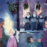 children's book illustration of a city street at night at christmas time. Characters in the foreground are interacting with each other. In the background is a church with lit stained glass windows and nuns singing.
