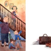 children's book illustration showing a young girl coming down the stairs, looking at her parents, who are in shadow in the left hand corner. They look distressed and worried. Two young boys are putting on coats and shoes in the lower right corner.