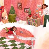 children's book illustration of a young girl in her bedroom. She is laying on the rug by the bed, writing a long list. Her mother is in the doorway beckoning to her.