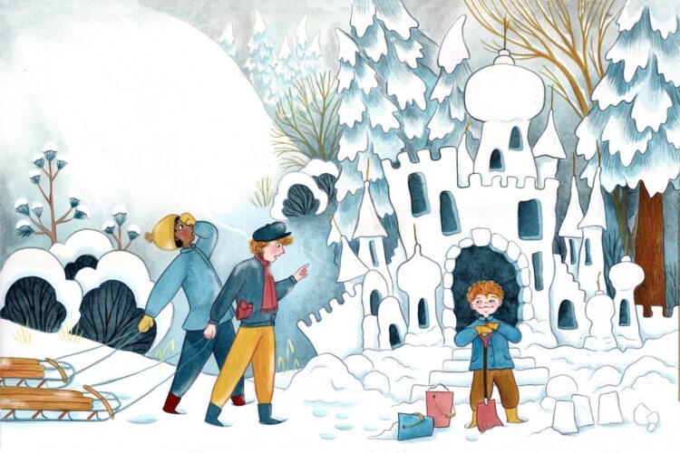 Children's book illustration of a scene in the snow. On the right hand side of the image a young boy with red hair stands in front of an impressive snow castle he has built. His older brother and a friend stand on the left side of the page, looking amazed at the castle. In the background are snow covered bushes and trees.