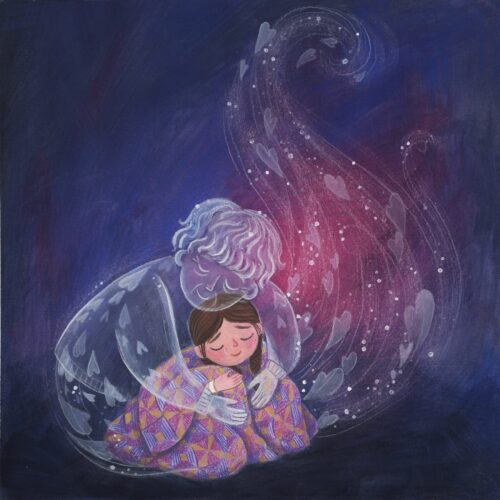 Children’s book illustration showing a little girl wrapped up in a purple and gold quilt, surrounded by a dark blue and purple background. A friendly ghost grandma, with faint hearts swirling inside of and behind her, is wrapping her arms lovingly around the girl. The girl has a bittersweet expression on her face, like she is missing her grandma, but the quilt is helping her feel a little better because it is a reminder of her grandma’s love.