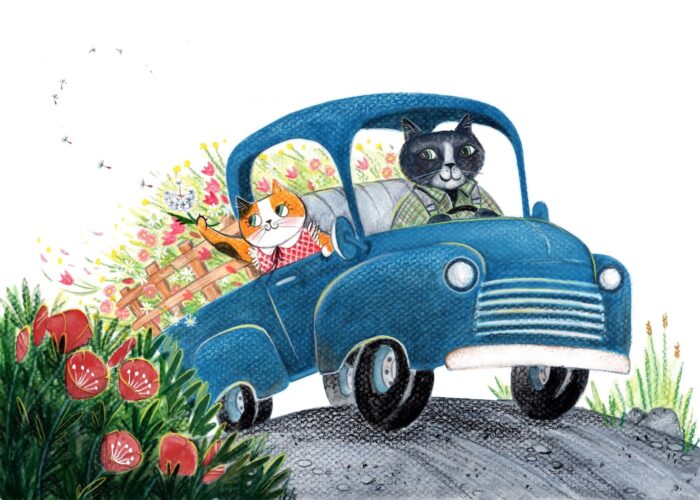 Children's Book Illustration showing a giraffe cabby driver learning out the window of his taxi, pointing at a pile of teetering suitcases that a frog bell hop is carrying. The bell hop looks stressed, carrying suitcases, with bags over one arm, and holding an umbrella over a snooty looking kitten. The kitten is wearing a green peacoat and holding a stuffed mouse in her arms. She has her nose up in the air.