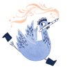 illustration of a chicken running, wearing boots, and holding a fountain pen in her beak with swirls coming out of the tip.